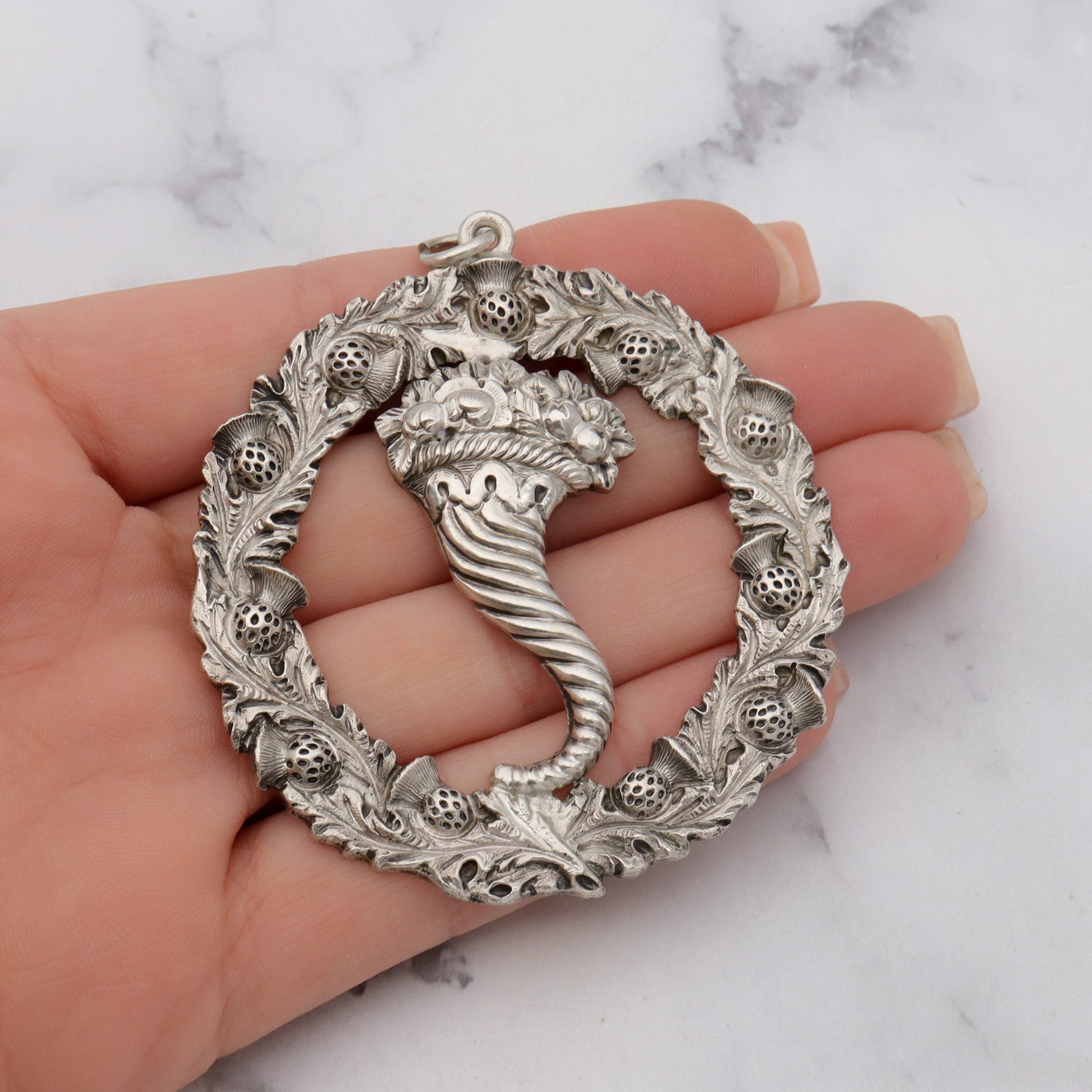 1895 Glasgow, Scotland large sterling thistle & Cornucopia pendant
